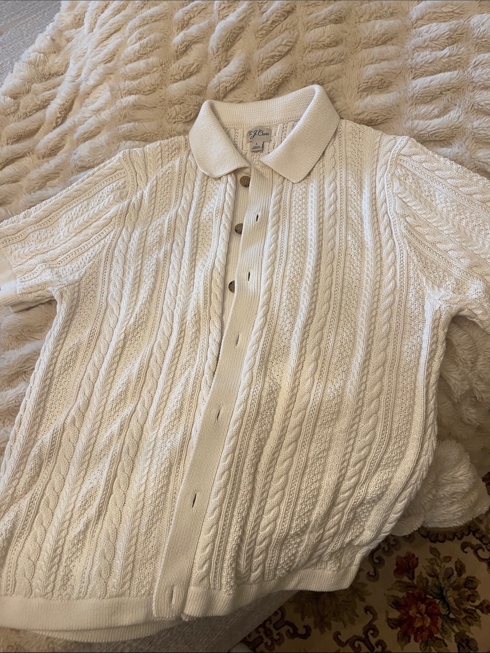 J. Crew Cream Cable-Knit Polo Cardigan with Wood-Tone Buttons
